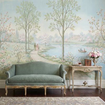 Murale pastorale, paysage, fleurs printanières, aquarelle
