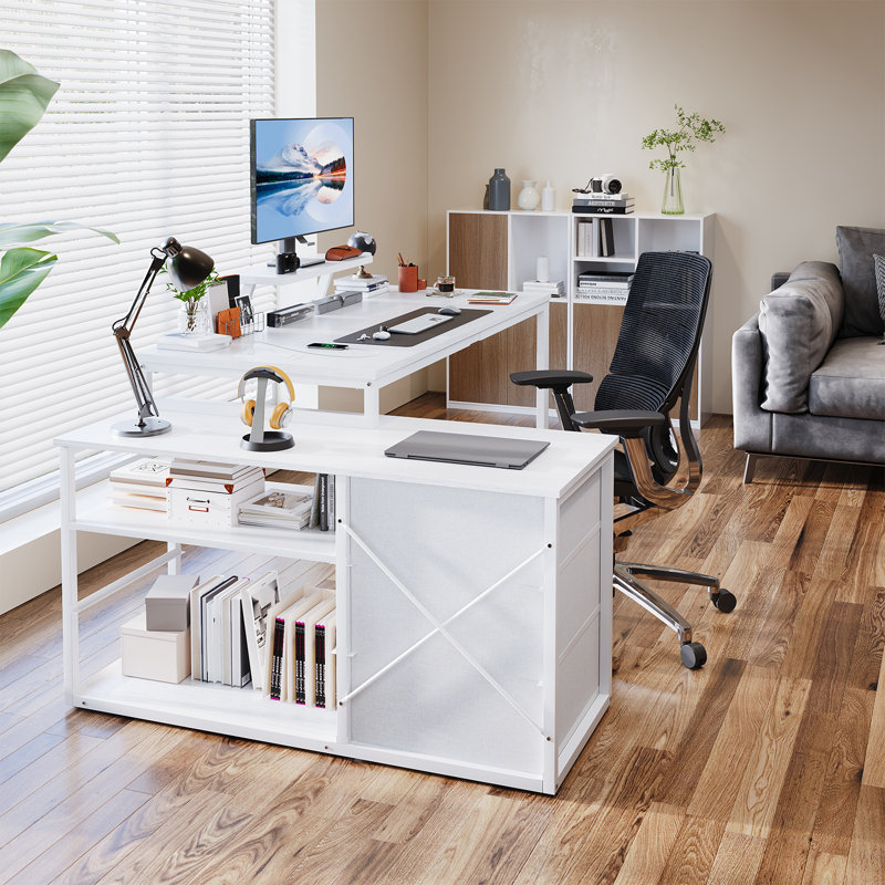 L-Shaped Metal Base Computer Desk, White, White