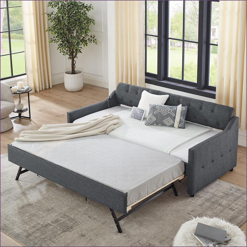Daybeds  Mid-Century for Sleepovers with Erectable Trundle, USB Charging | Linen Dark Gray, Dark Gray