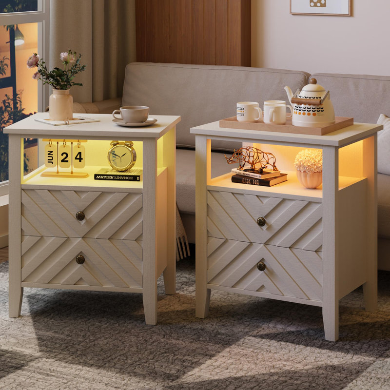  Table à DEL blanche avec 2 tiroirs de rangement - Éclairage RVB - Table de ferme en forme de V - Tablette ouverte et pieds en bois robustes pour la chambre à coucher, le salon et le bureau - Blanc