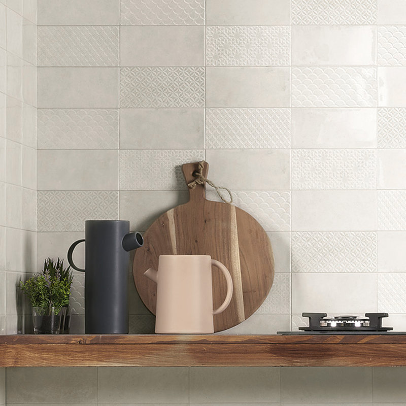 Camden 8" x 4" Ceramic Patterned Subway Tile, Antique Bianco