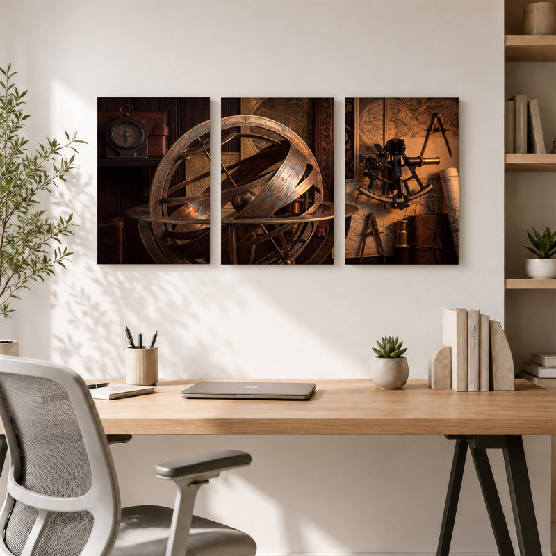 Sphère armillaire antique en laiton et ensemble de 3 textures sur toile, H 18 po x l 12 po x 3 pièces