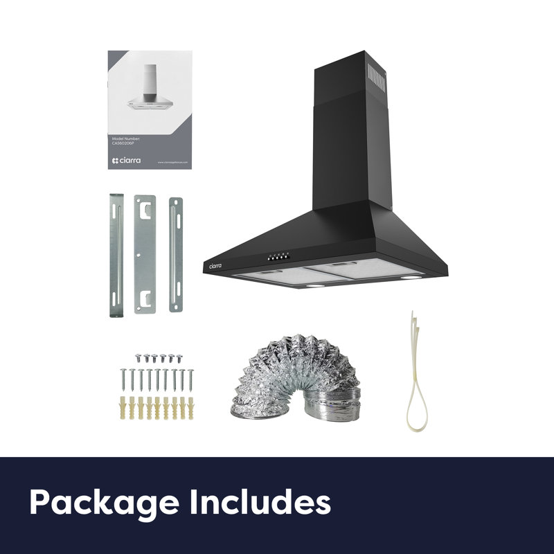 Hotte murale CIARRA 24 po noire, débit d'air de 450 pi³/min, ventilateur à 3 vitesses, filtres à mailles à 5 couches, éclairage DEL, hotte de cuisine convertible avec ou sans conduit.