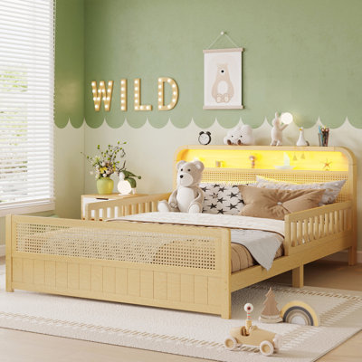 Full Rattan Bed Frame with LED Lights and Storage Headboard, Ideal for Kids' Safety and Modern Style