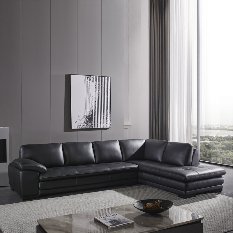 126" Wide Leather Match Sofa & Chaise, Right Hand Facing, Carbon Leather