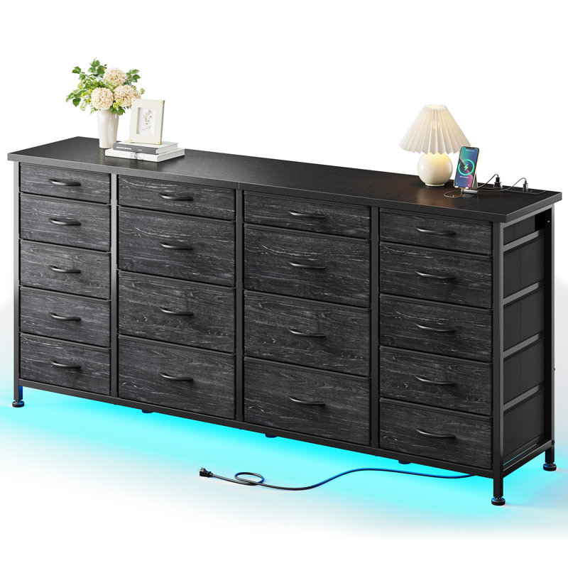 18 Drawer Long Dresser TV Stand for 65 Inch TV, 63"W Bedroom Dresser with LED Lights & Charging Station, Black