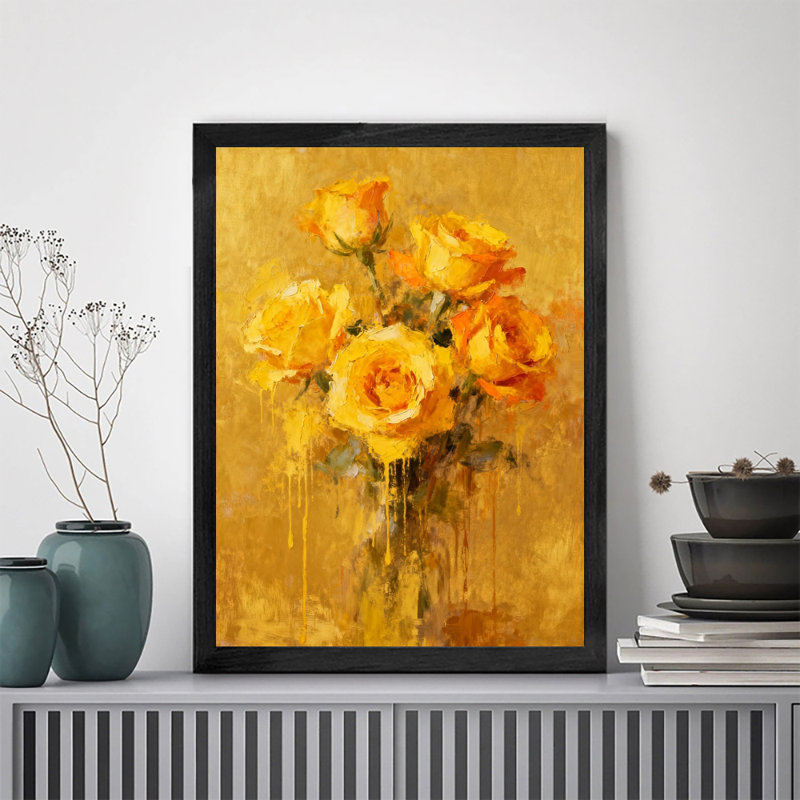 Reproduction d'art encadrée noire encadrée de roses orange rétro, H 11 po x l 9 po