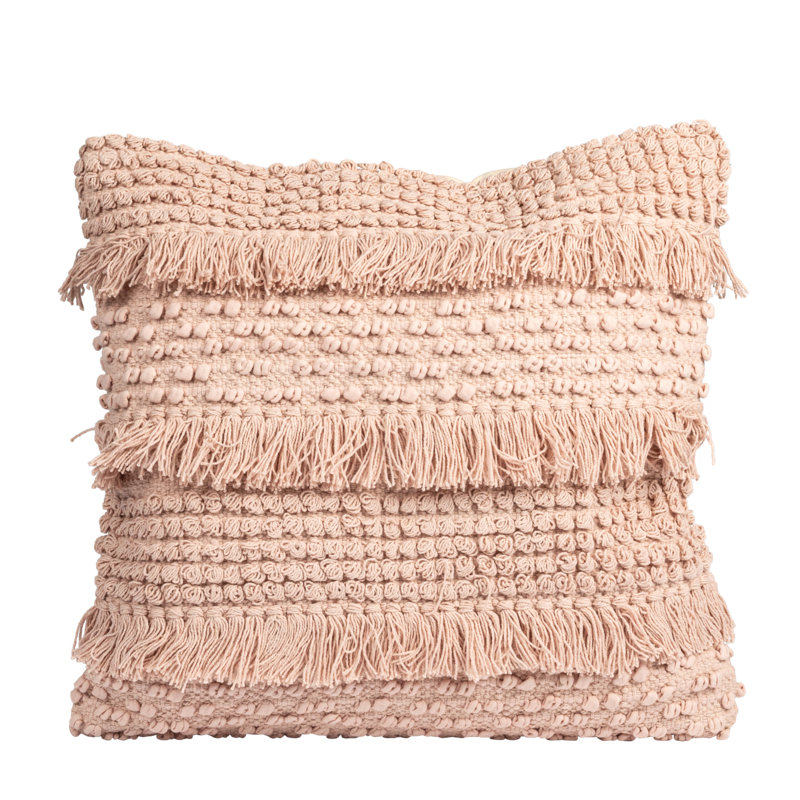 Pale Pink Cotton Fringe Square Throw Pillow