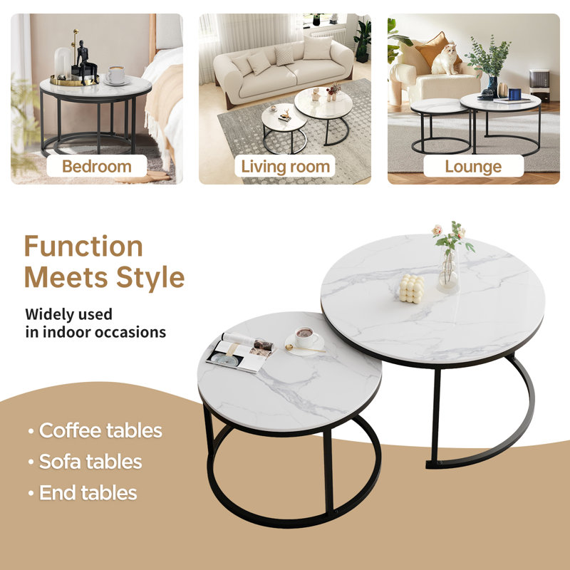 Sintered Stone Top Nesting Coffee Table Set, White, 18" H x 24" L x 24" W