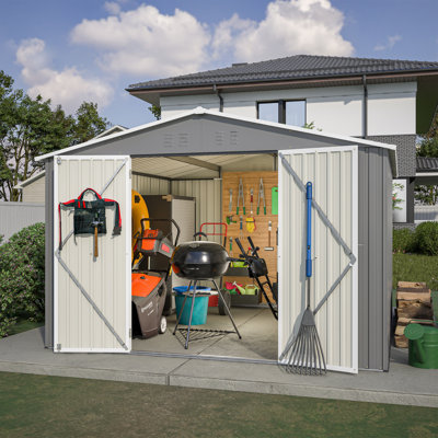 Remise de rangement extérieure 10 x 10 pi, grandes remises à outils en métal avec une structure de cadre actualisée et des portes verrouillables, remise de jardin pour la cour de jardin, gris