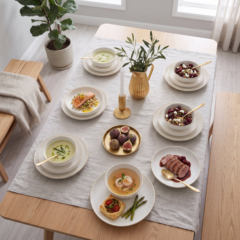 Service de table en porcelaine dorée et cannelée Aura (service de 18 pièces pour 6 personnes)