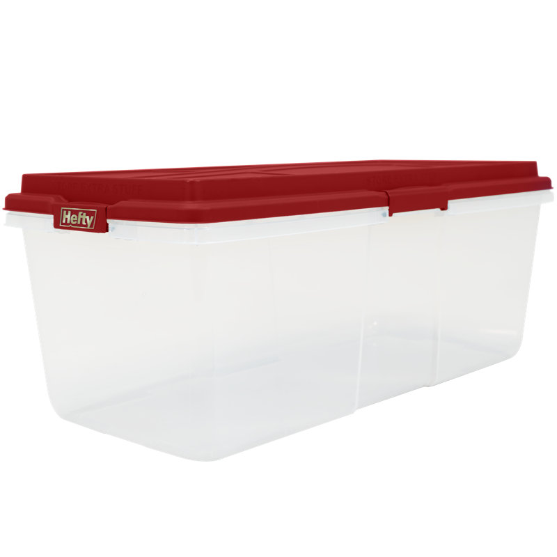 Hefty 113 Quart Clear Storage Container with Lid, Extra Large Stackable Latching Storage Bin, Clear with Red Lid, 4-Pack