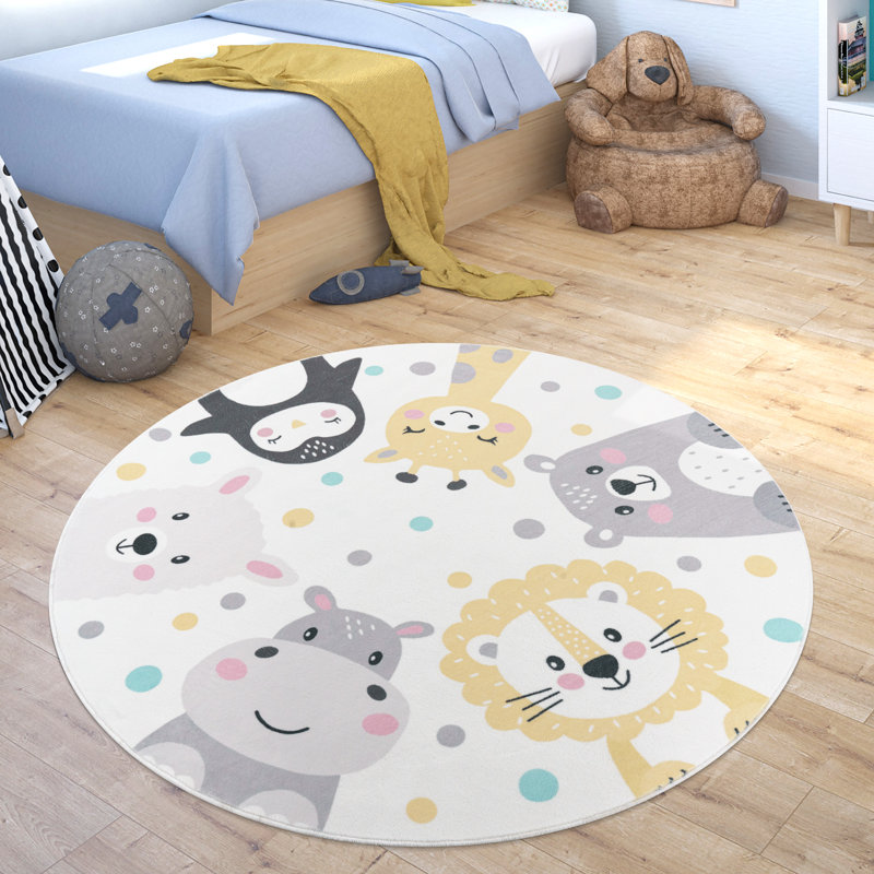 Hasson Kids Zoo Animals Penguin Llama Hippo Lion Bear Power Loom Cream/Grey/Yellow Rug, Round 200cm