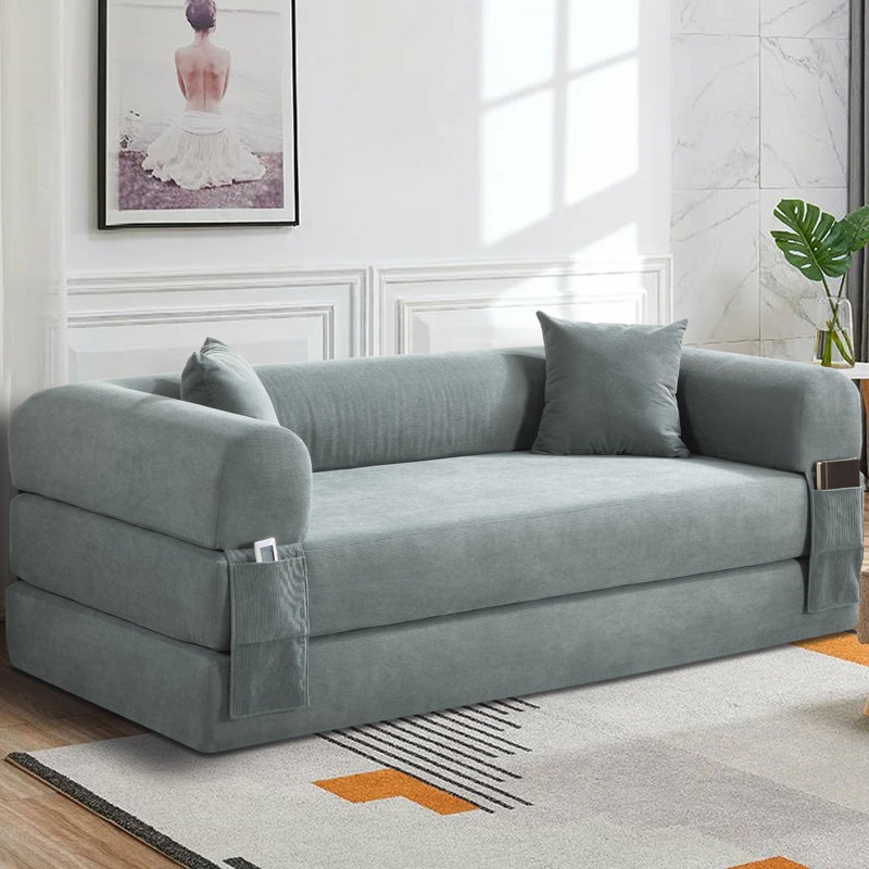 Boneless Convertible Sleeper Sofa Bed with Cylindrical Pillow, Corduroy Folding Mattress Couch, Floor Sofa Sofa-in-a-Box, No Installation & Easy to Transport, Deep Seat