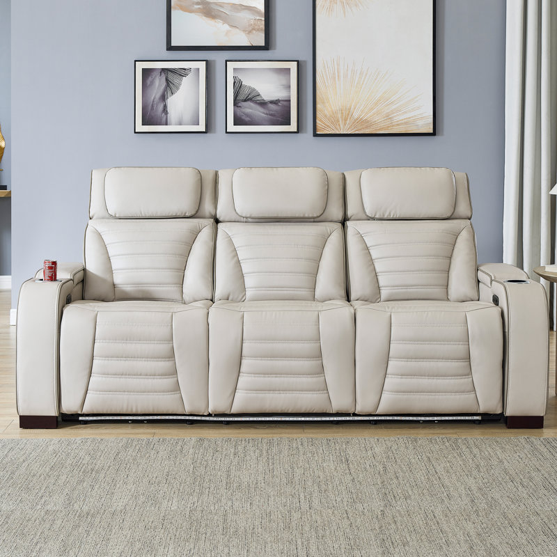 85.5''Wide Breathable Leather Power Reclining Sofa With Drop Down Table And 2 Cup Holders, White