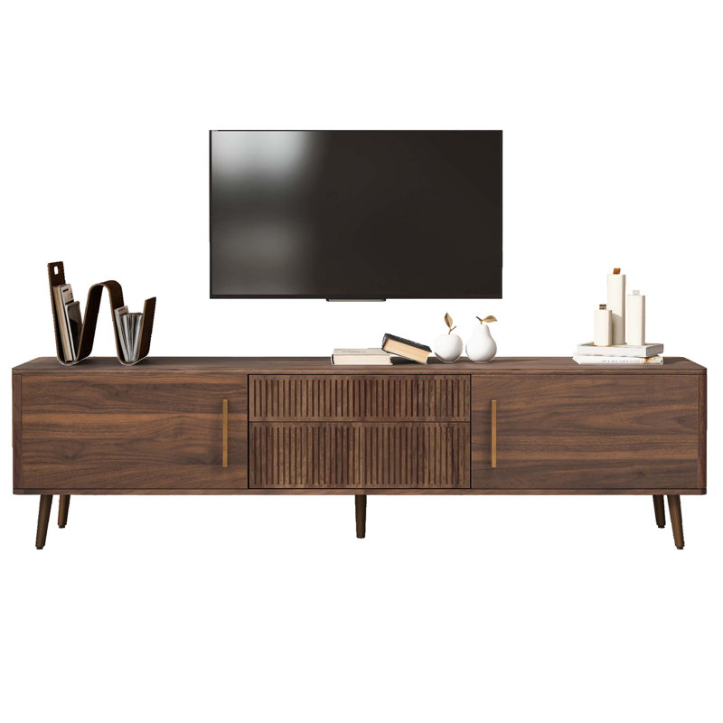 Meuble télé Mid-Century avec 2 tiroirs, console multimédia pour téléviseur de 80 po ou moins, centre de divertissement avec rangement