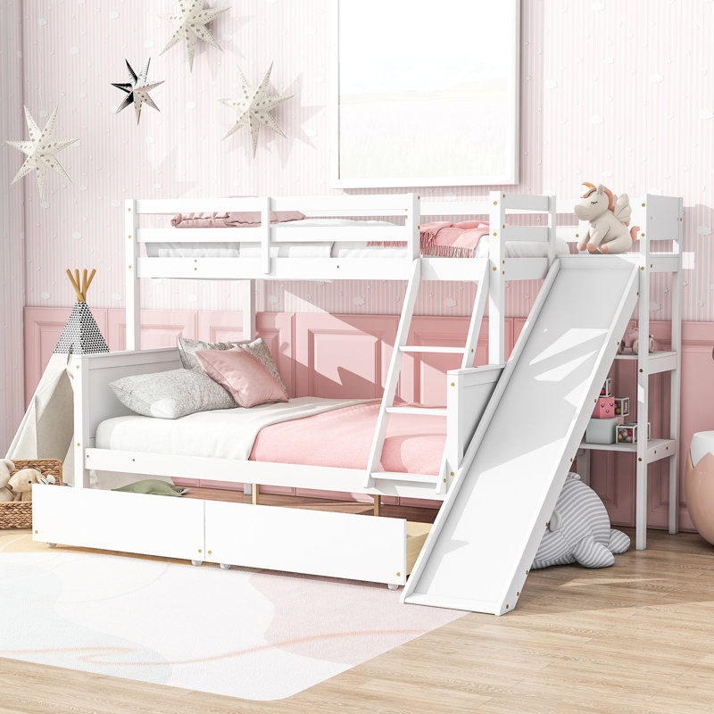 Lit superposé simple au-dessus de double avec tiroirs de rangement, glissière et tablettes - bois d'hévéa, Blanc