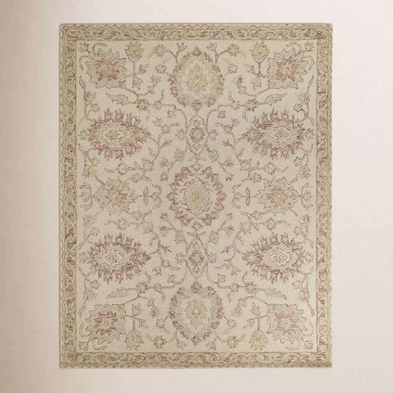 Tapis oriental ivoire / rosé en laine crocheté à la main Aden, Rectangle 7 pi 9 po x 9 pi 9 po