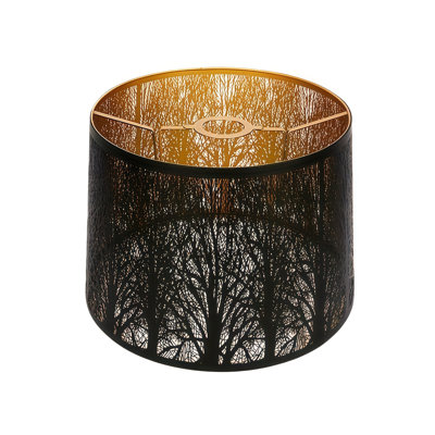 ALUCSET 2 Pack Drum Metal Table Lamp Shades, Etched Forest Replacement Lamp Shades, 10" Top x 12" Bottom x 9" H, Vintage Diamond Arrow Pattern, Black Outside Gold Interior