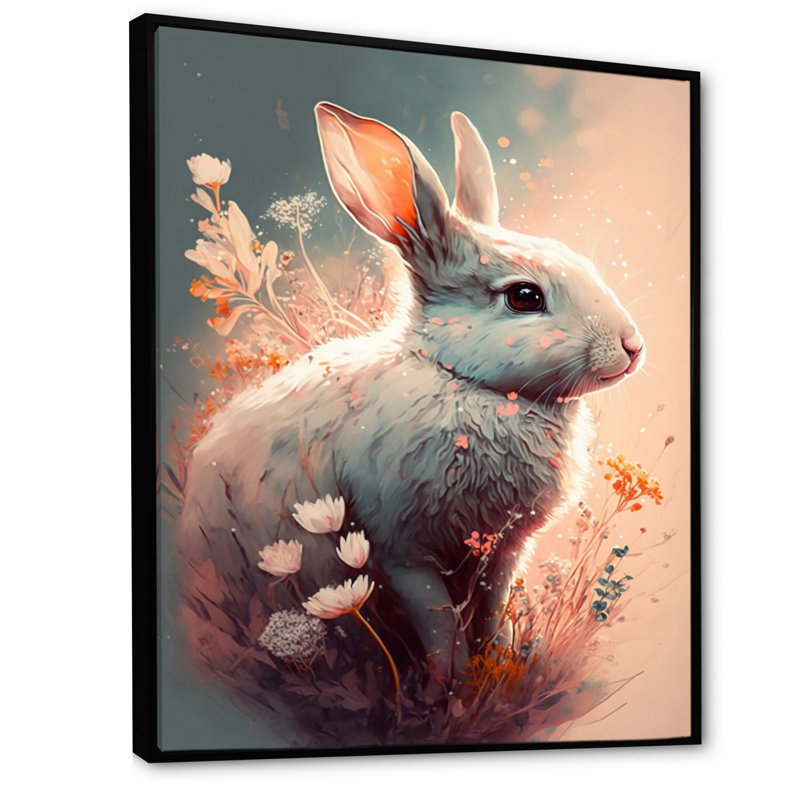 «Cute Rabbit Floral III», impression sur toile, Cadre flottant noir