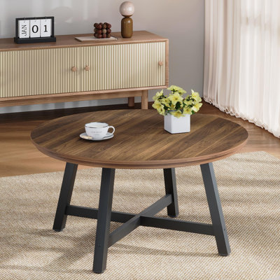 Modern Industrial Coffee Table - 36 Inch Round Center Table - Wood Grain Top, Sturdy Thickened Metal Legs, Adjustable Feet, Easy Assembly, Brown