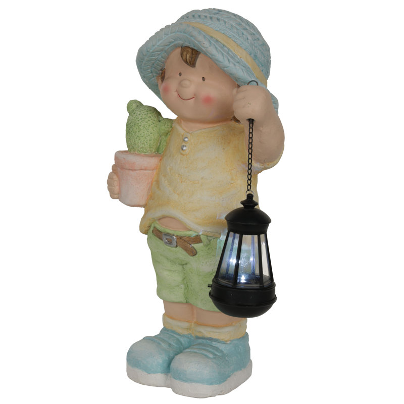 17"H Boy Holding Lantern Solar Statue with LED Lights
