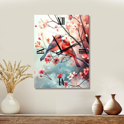 Chinoiserie Birds and Red Summer Blossoms I - Vintage Large Metal Wall Clock