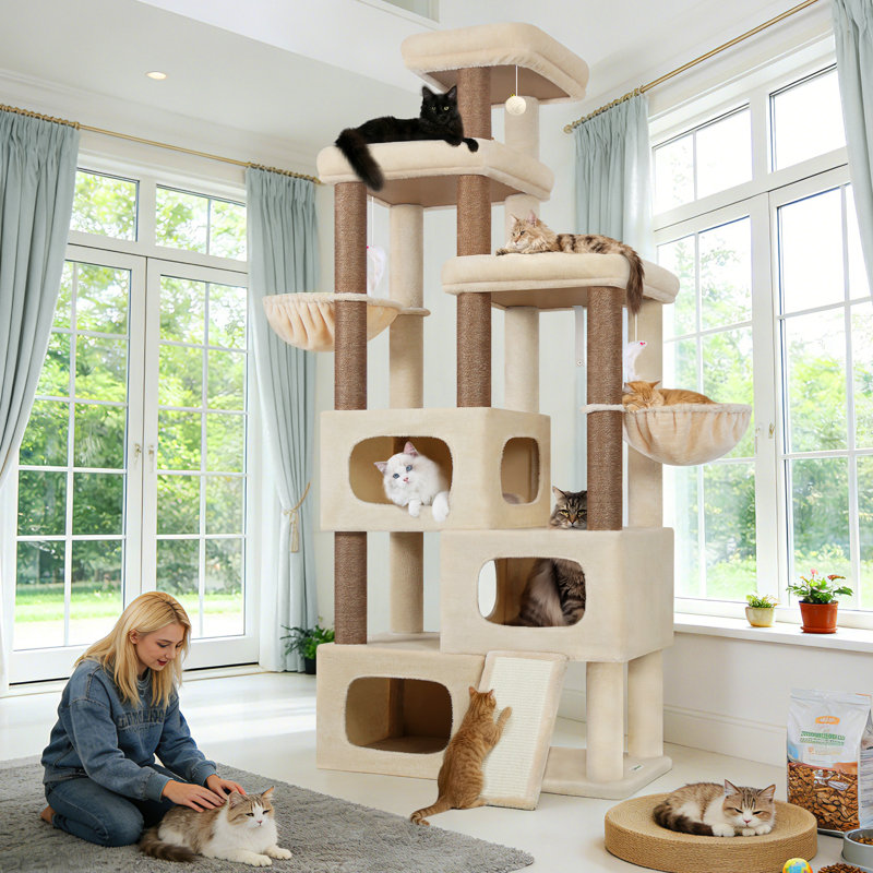 Arbre à chat 85 po H multi-niveaux avec poteau à griffes en sisal, rampe, perchoir et candis pour chat, Gris foncé