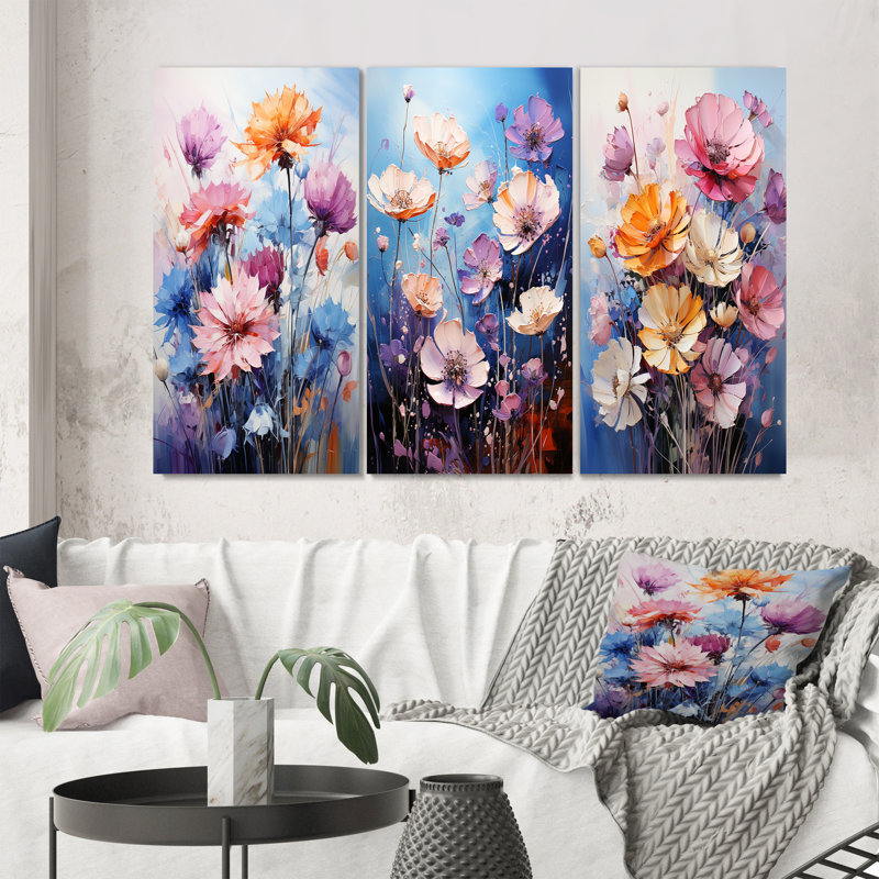 «Acrylique multicolore de la représentation des bleuets» - 3 pièces, H 40 po x l 60 po, Toile tendue