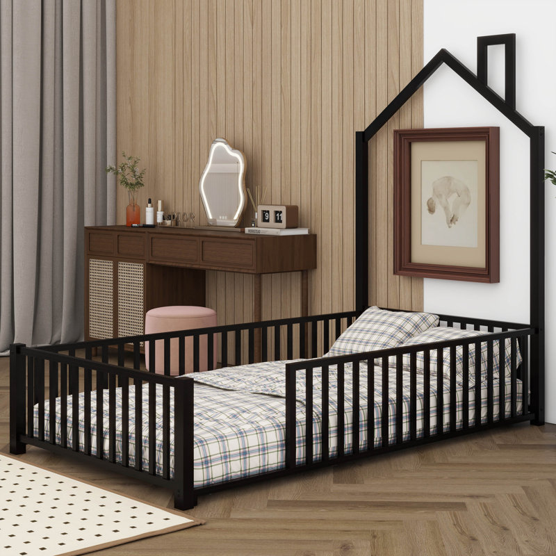 Metal House Platform Bed With Guardrail, Twin, Black