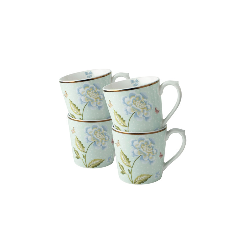 Set of 4 Mint Floral Ceramic 17 oz Mugs