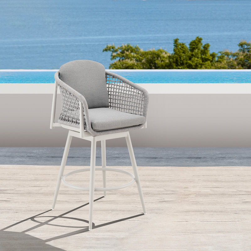 Giancola Outdoor Patio Swivel Bar or Counter Stool in Aluminum with Rope and Cushions, 26.5"