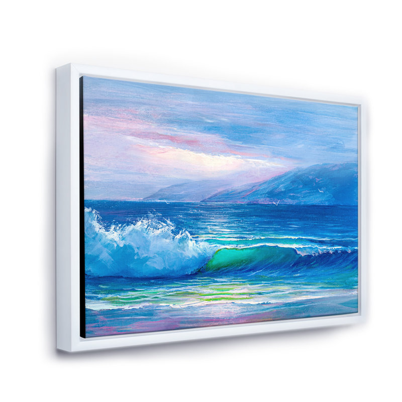 «Blue Waves Breaking At The Beach II», peinture sur toile, H 16 po x l 32 po x p 1 po, Cadre flottant blanc