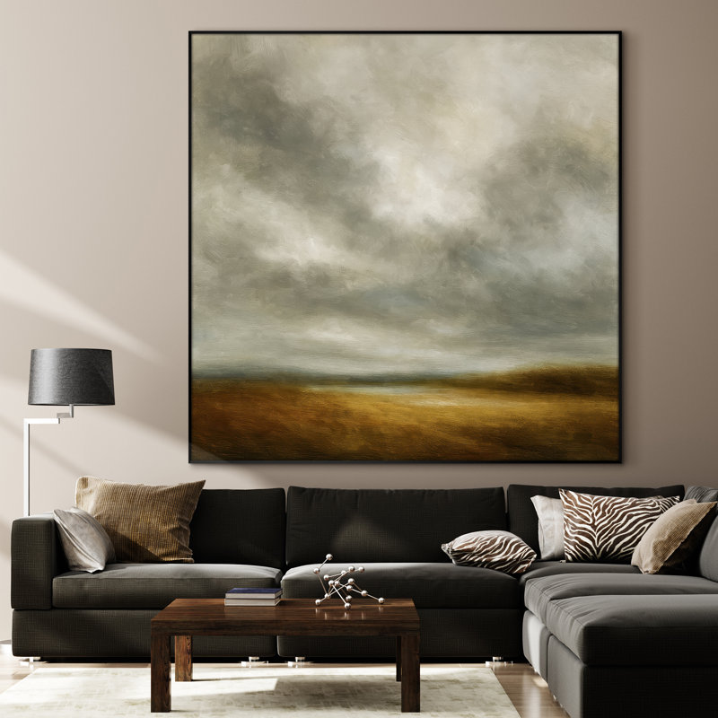 Extra Large Wall Art Fabric Print - Dramatic Cloudy Landscape Neutral Beige and Gray Vintage Artwork Decor for Living Room or Bedroom - "Frame Assembly Required (Unfinished Frame)"