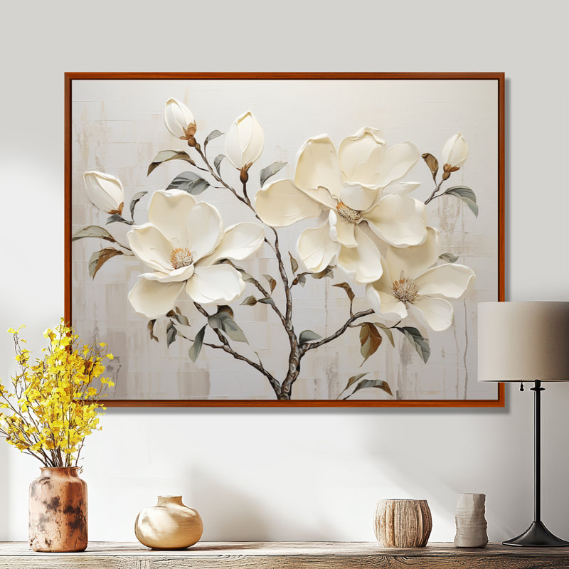 Fleur de magnolia beige et vert - art mural Magnolias, H 34 po x l 44 po x P 1,5 po, Cadre flottant brun