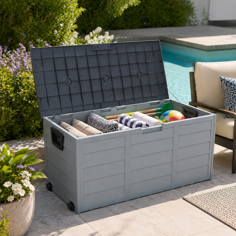 Coffre de terrasse extérieur en plastique gris 75 gallons toutes saisons avec roulettes pour le jardin