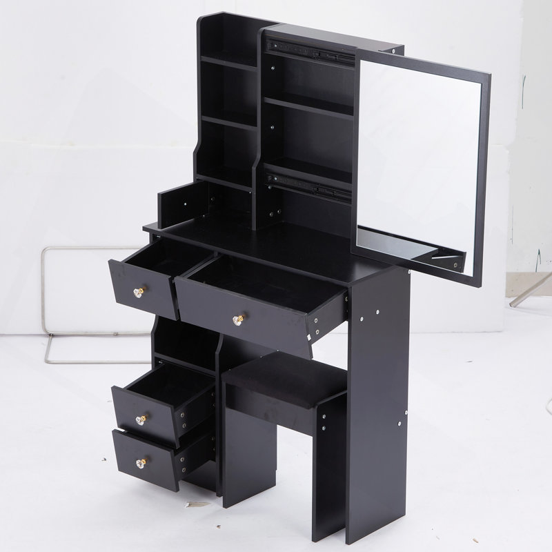 Vanity Desk, 29.2" Small Space Left Drawer Desktop Vanity Table , Cushioned Stool, Extra Large Right Sliding Mirror, Multi Layer High Capacity Storage, Practical Fashionable Dresser, Suitable For Small Space
