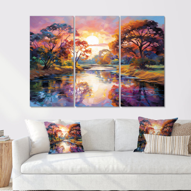 Mauve automne coucher de soleil sur une rivière large - ensemble d'art mural lac, Toile tendue, H 32 po x l 48 po x P 1 po