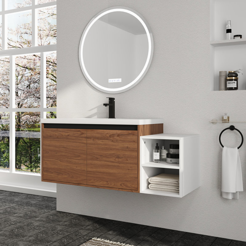 Meuble-lavabo mural Earnby de 122 cm (48 po) avec lavabo en résine, petites étagères de rangement, tablette réglable, portes à fermeture amortie, brun ébène
