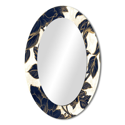 Blue Gold Peonies Symphony III - Floral Oval Decorative Mirror On Metal