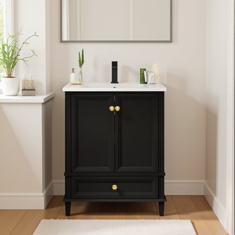 Meuble-lavabo 36 po Mid-Century avec capteur de mouvement et verre à motif, meuble-lavabo de ferme avec rangement, meuble-lavabo haut de gamme