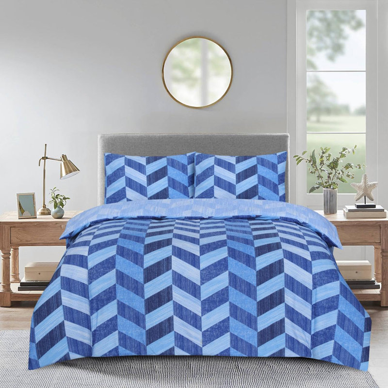 Complete Bedding Set Cotton Rich Checkered Duvet Cover, Fitted Sheet & Pillowcases Soft, Breathable & Wrinkle-Resistant, Blue