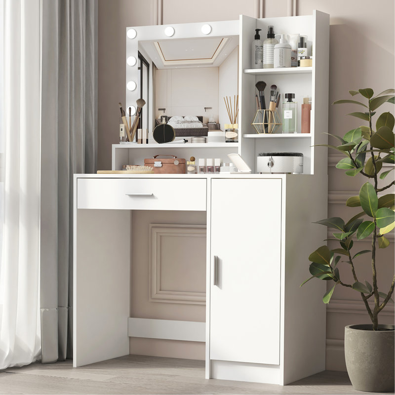 Bureau de coiffeuse avec miroir et lumière, commode de rangement à trois niveaux avec grand tiroir, 3 modes d'éclairage à luminosité réglable, coiffeuse de chambre à coucher (blanc)