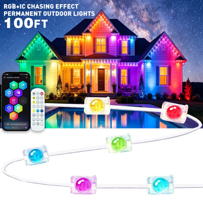 100FT Permanent Outdoor lights,RGB+IC Eave Lights, IP67 Waterproof Color Changing LED House Eave Lighting, Smart APP & Remote Control Music Sync Outdoor LED Roof Lights, Timable DIY Scene Lights for Holiday, Patio,