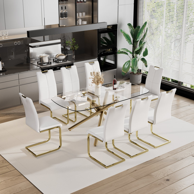 Rectangle Glass Pedestal Dining Set, White, 9