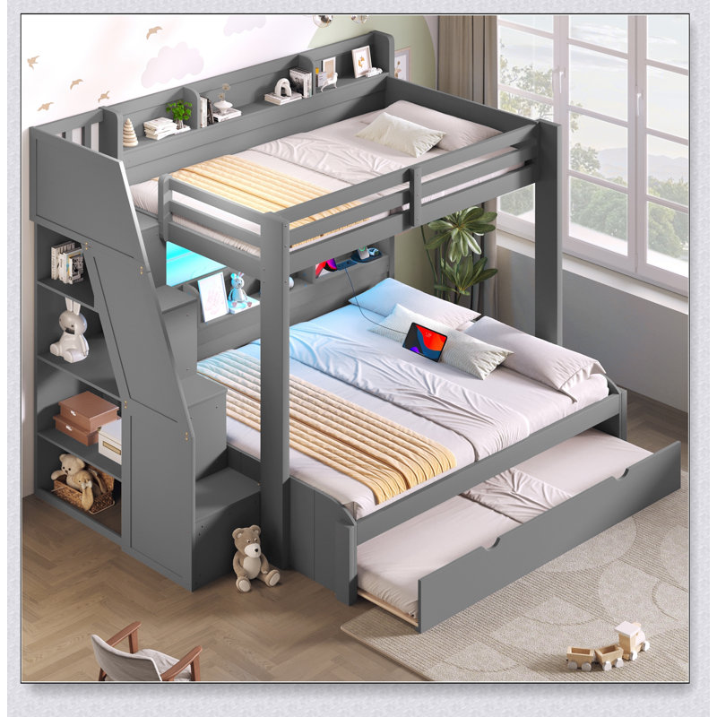 Twin Over Full Bunk Bed With Storage Staircase,  Trundle, Storage Shelves, LED And USB, Gray