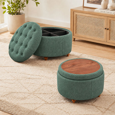 Pouf de rangement rond 2 en 1 capitonné avec pattes en bois massif, coussin capitonné et plateau en bois réversible