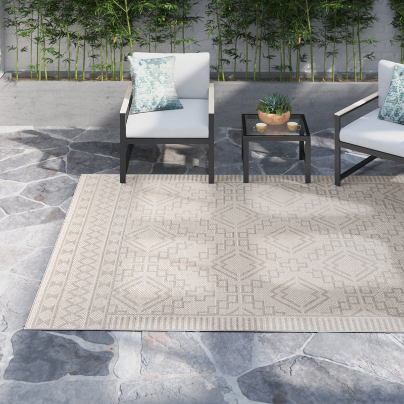 Parke Geometric Indoor/Outdoor Area Rug for Living Room Patio Deck Front Porch Kitchen, Grey/Ivory, Rectangle 8' x 10'