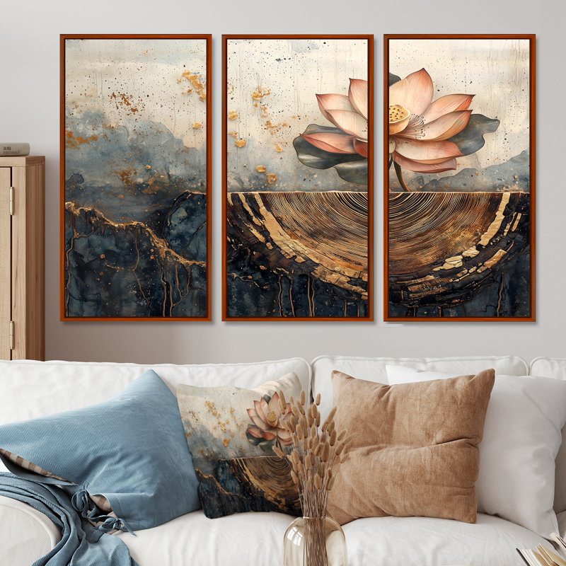 Fleurs de lotus, racines du lac - décoration murale Lotus - 3 pièces, H 28 po x l 36 po, Brun