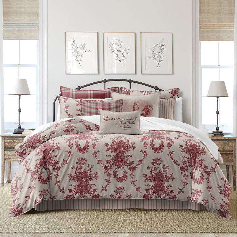 Country Lane Toile Crimson Cotton Duvet Cover Set  8 Piece, Super King Duvet Cover + 7 Additional Pieces